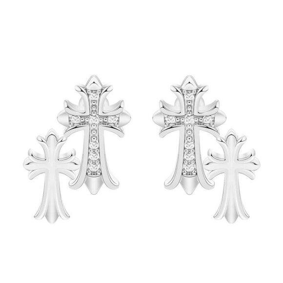 Silver Cross Stud Earrings Double Layer Christian Jewelry Faith Gift Women Men - Picture 1 of 3